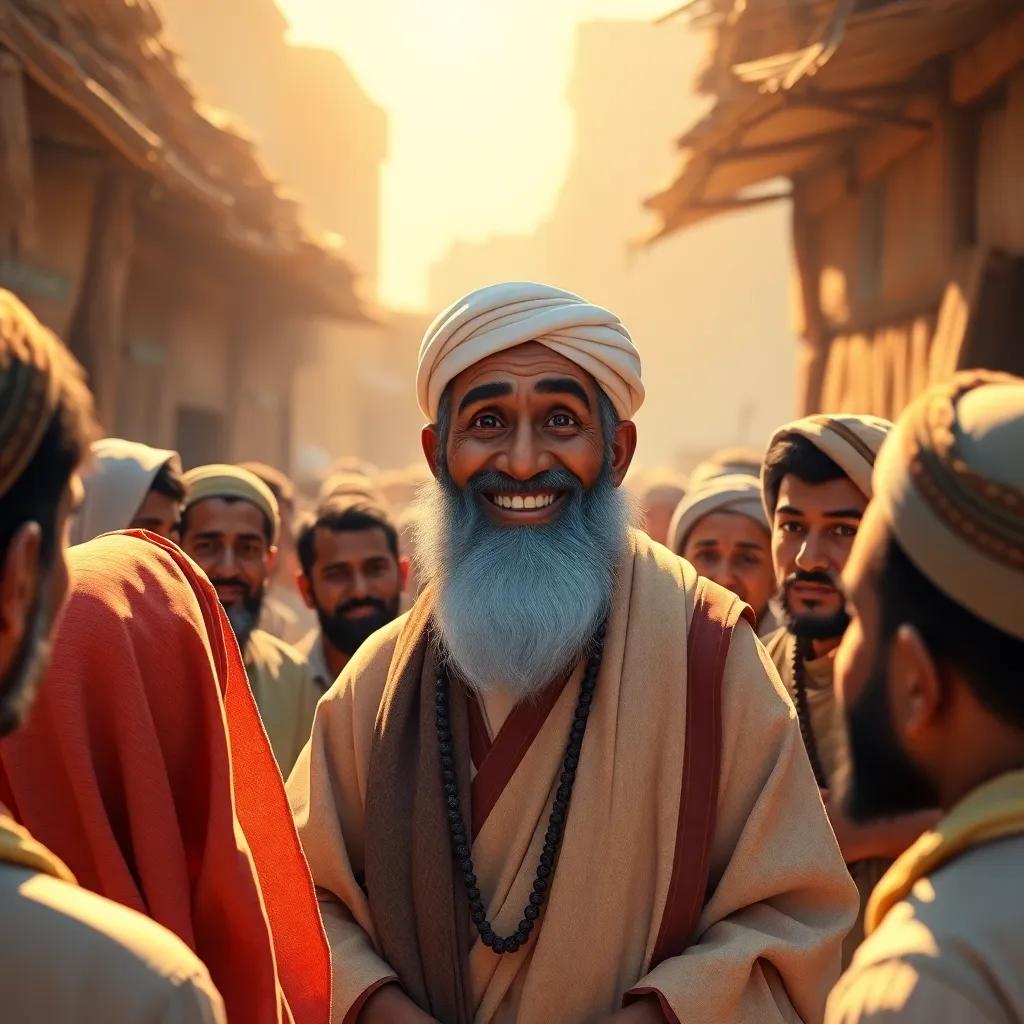 Sheikh Omar, the wise man, smiling at the camera, surrounded by villagers who are listening to him, warm sunlight, rich colors, inviting atmosphere, engaging scene, high quality