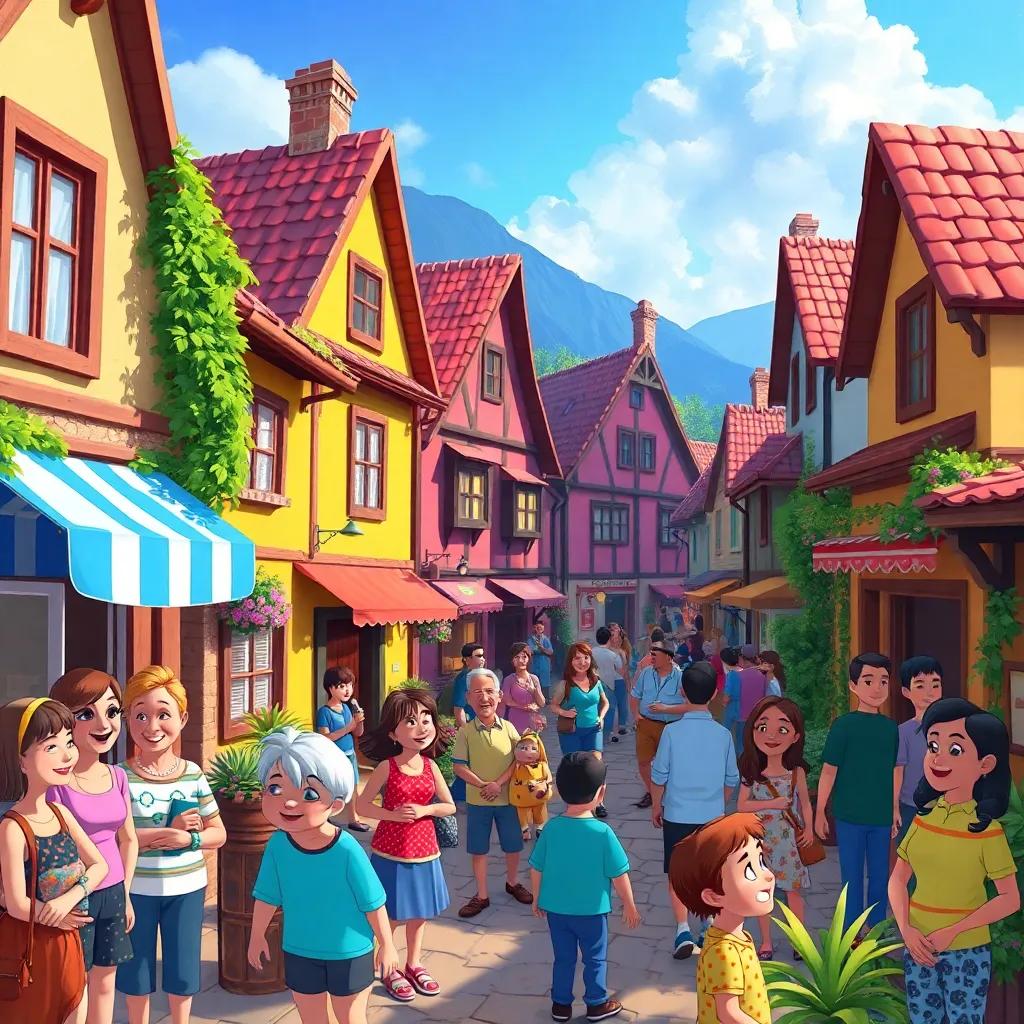 The village scene with people interacting peacefully, full of life and color, smiling faces, cheerful atmosphere, vibrant artwork, high quality