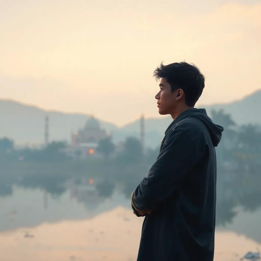 The young man reflecting by the river, thinking of the wise words of Sheikh Omar, soft colors, peaceful vibe, high quality, serene moments