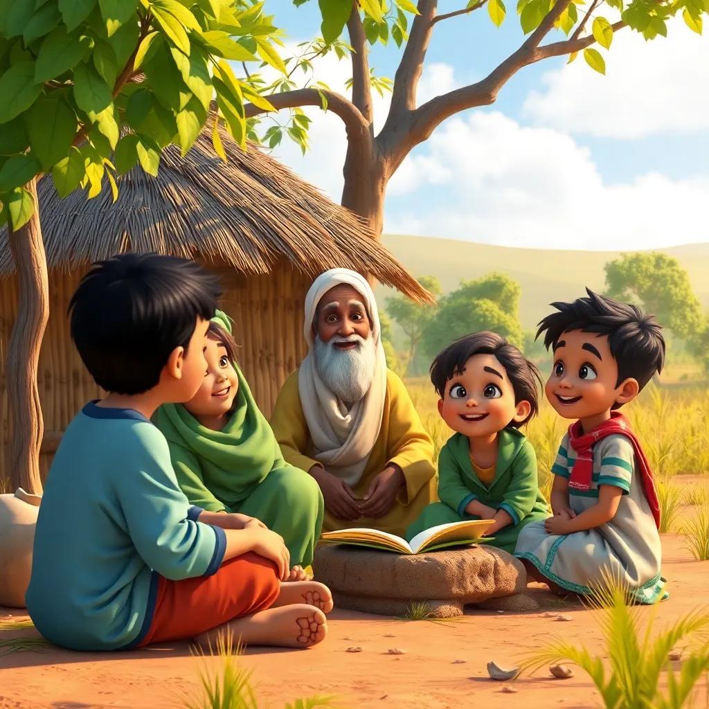 Children in the village learning from Sheikh Omar, surrounded by nature, inspirational scene, vibrant colors, joyful atmosphere, high quality
