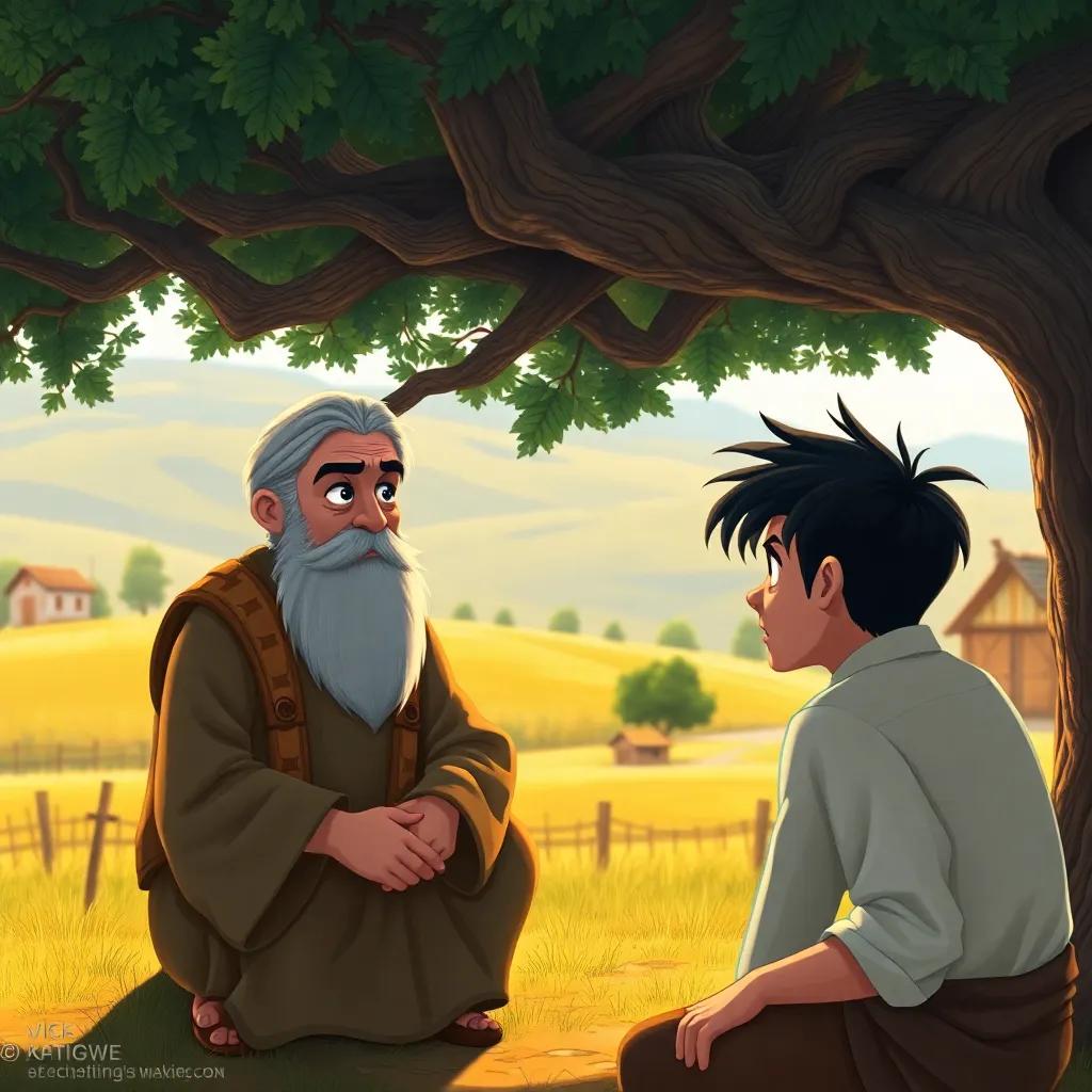 A wise old man, Adam, with a long beard and traditional clothes, sitting under a large tree in a small village, listening to a young angry man, peaceful countryside background, digital art, warm colors, inviting atmosphere, high quality