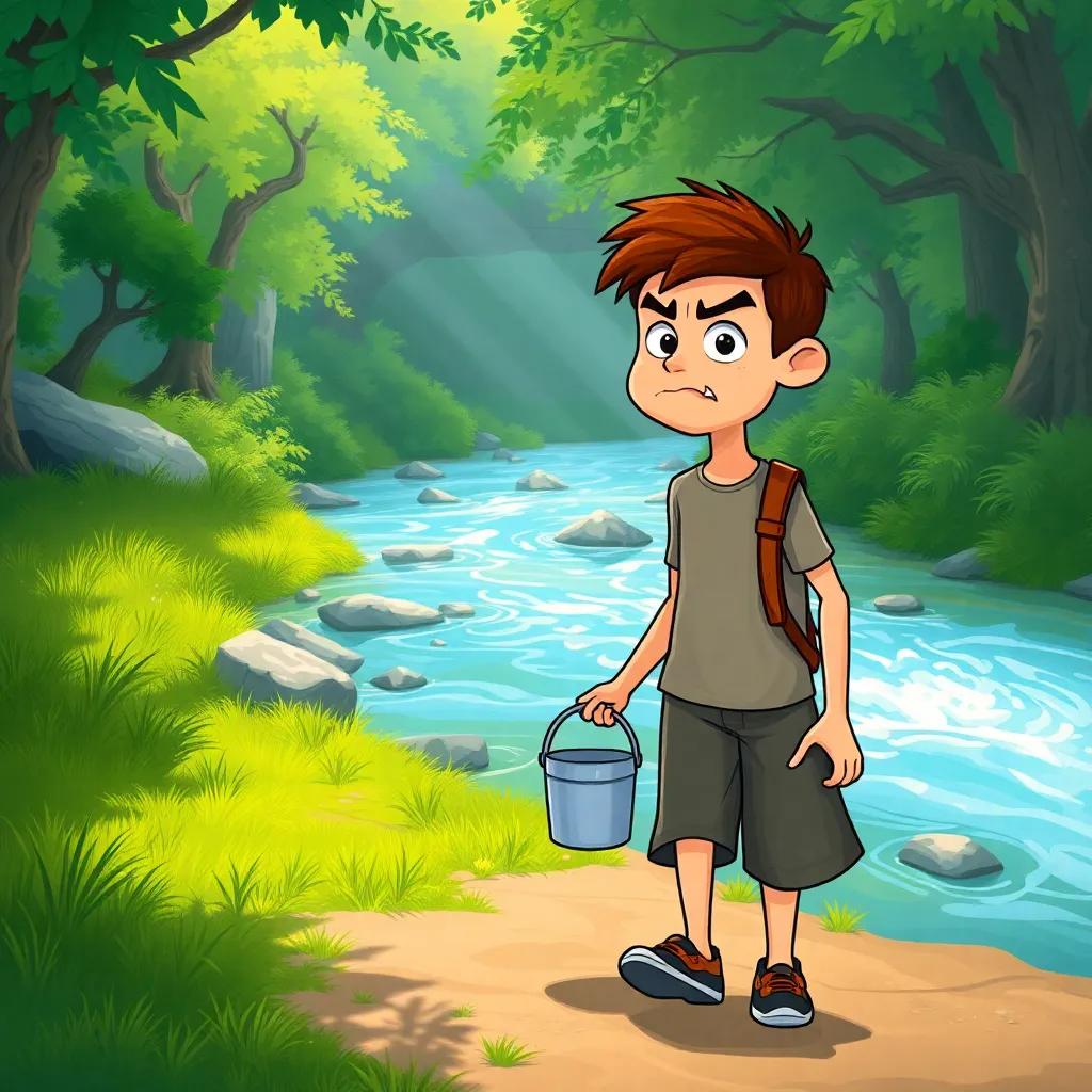 A young angry man walking toward a serene river, holding an empty bucket, surrounded by lush greenery and gentle flowing water, illustration, vibrant, adventure-themed, child-friendly