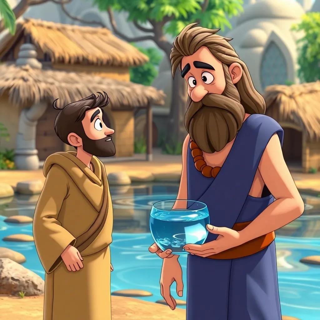 The wise man, Adam, explaining the metaphor of water to the young man, with animated expressions depicting understanding, background of the village, engaging, bright colors, friendly characters