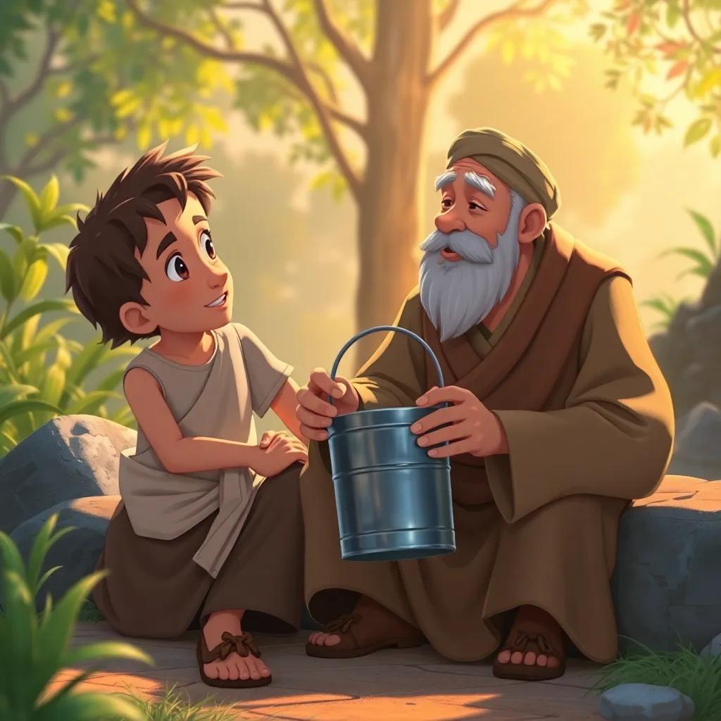 The young man nodding with realization, holding the bucket of water while sitting next to the wise man, nature around them symbolizing peace, detailed illustration, warm lighting, heartwarming moment