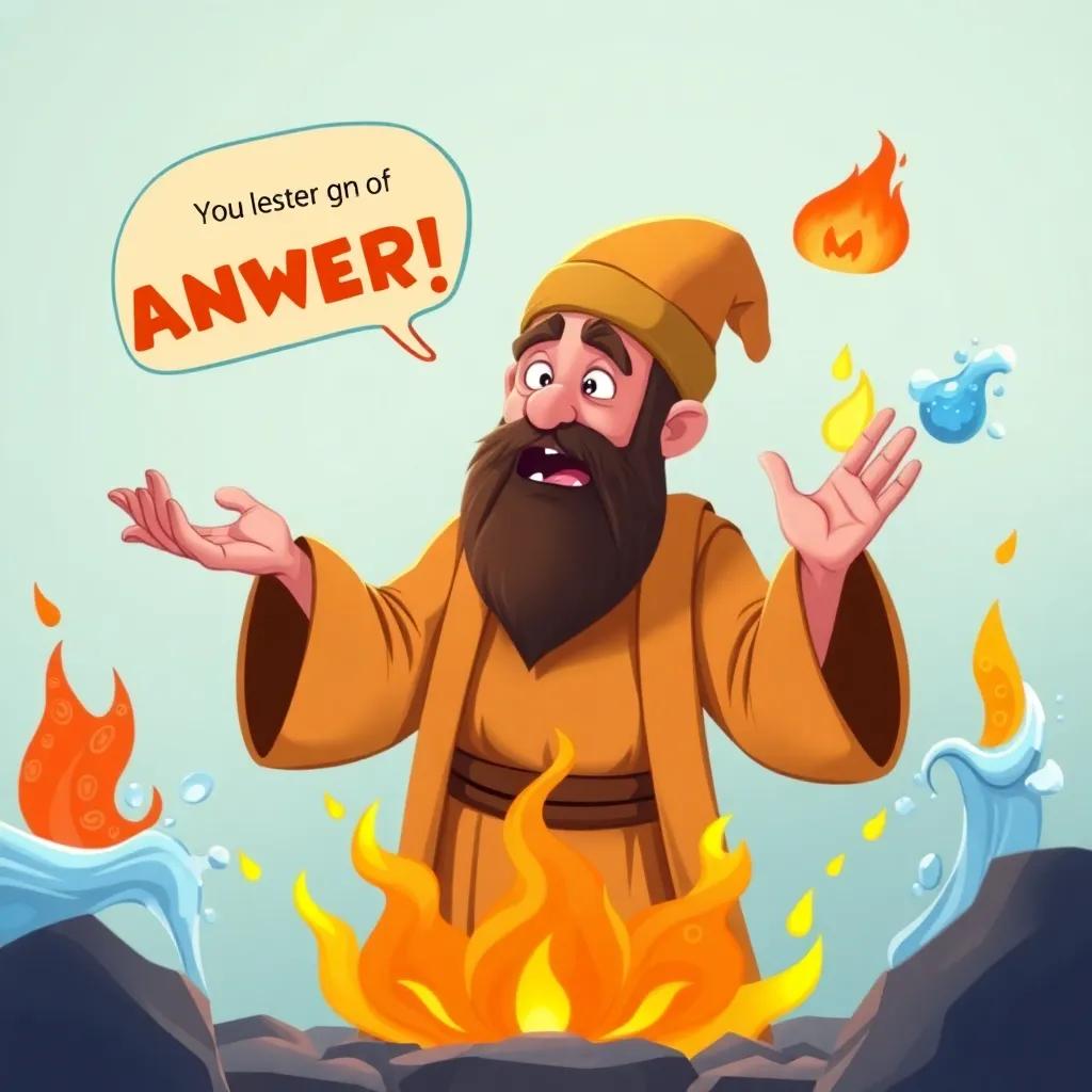 The wise man explaining the importance of controlling anger, with water and fire illustrations around them to visualize the lesson, bright and fun, whimsical art style, child-friendly