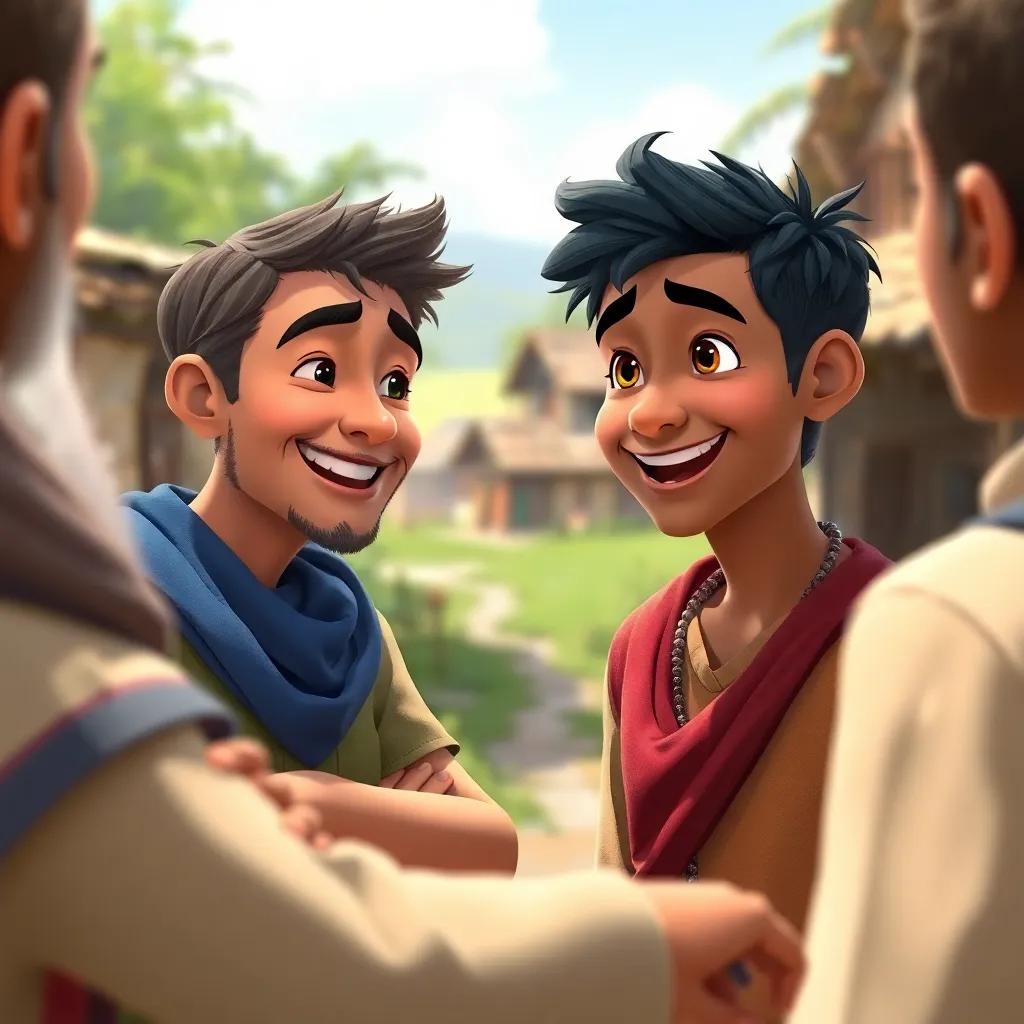 Both characters smiling, with the young man confidently speaking to villagers, reflecting the changes in him, village scene in the background, joyful and uplifting, colorful