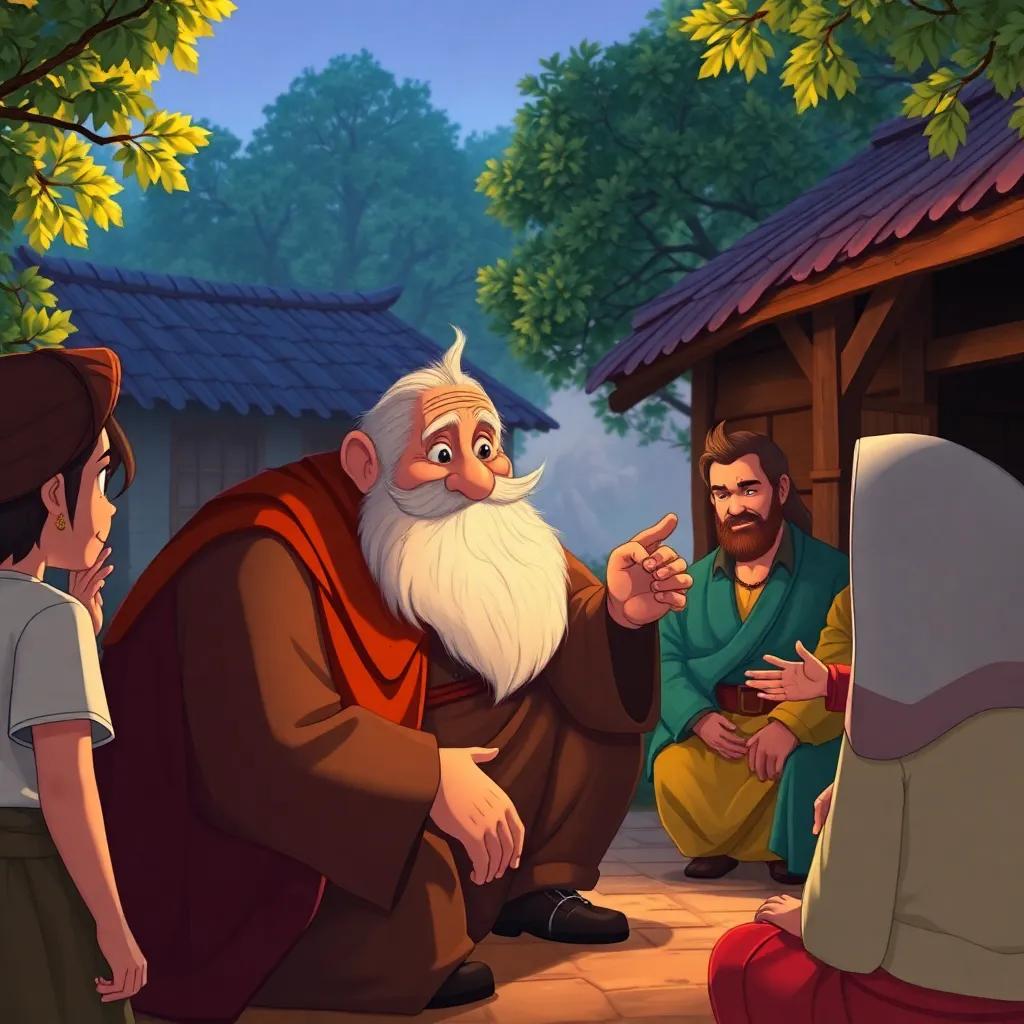 The wise old man in a peaceful village setting, engaged in a friendly gathering with the villagers, sharing wisdom, warm light, community vibe, heartwarming