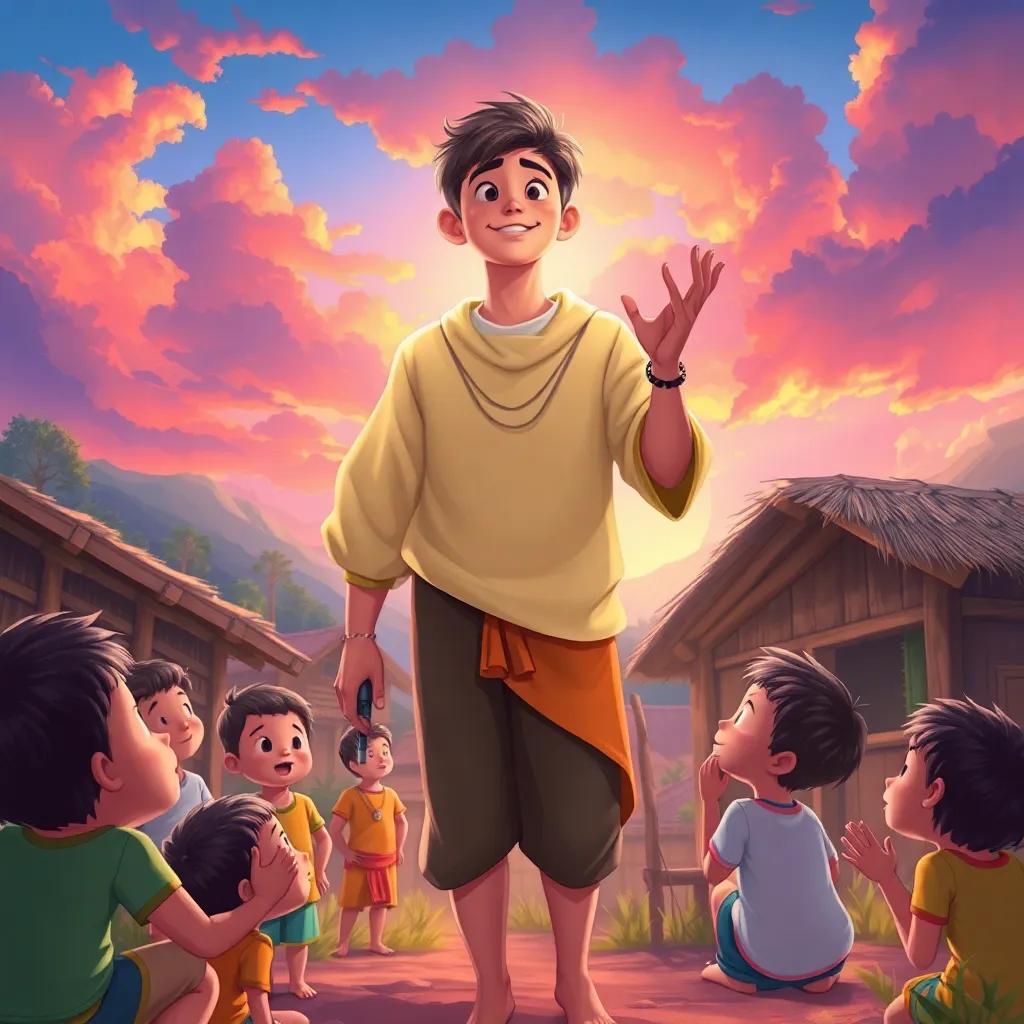 The transformed young man as a beacon of wisdom, teaching children in the village under a vibrant sky, symbolizing hope and growth, beautifully illustrated, bright and engaging