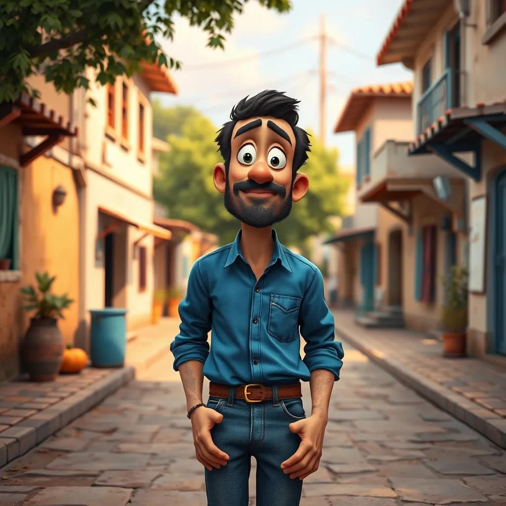 A middle-aged Arab man, Sami, wearing a blue shirt and jeans, looking confused on a village street, surrounded by houses and trees, digital art, detailed, warm colors, inviting atmosphere, cheerful perspective, high quality