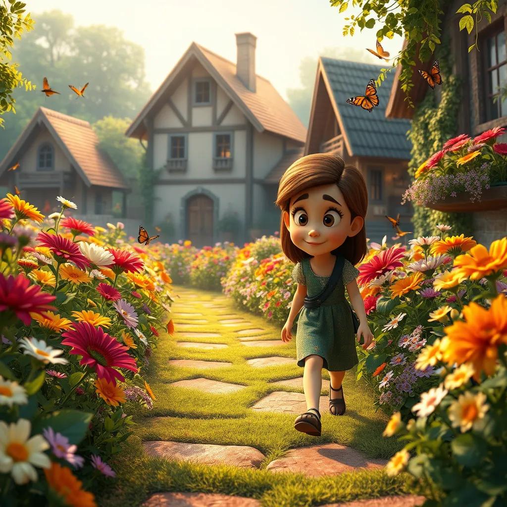 A beautiful garden in the village, full of colorful flowers and butterflies, Sami walking through it with a curious look, warm light, vibrant colors, cheerful scenery, enchanting perspective, high quality