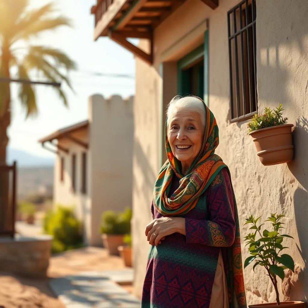 An elderly Arab woman, wearing a colorful dress and a scarf, standing next to her house, smiling and giving directions to Sami, sunny day, soft colors, welcoming atmosphere, heartwarming perspective, high quality