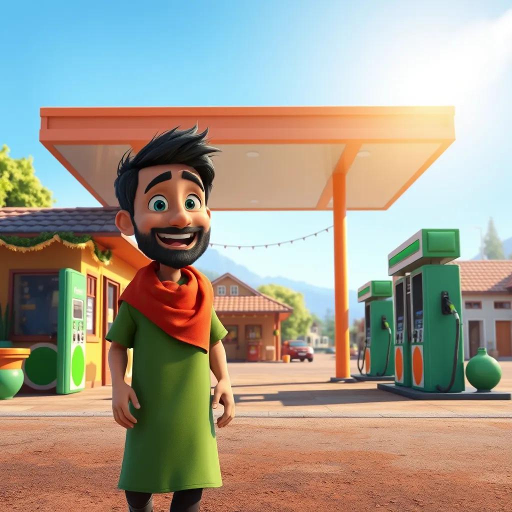 A petrol station in the village, Sami arriving with a happy expression, green pumps in the background, bright blue sky, colorful surroundings, digital painting, joyful scene, festive colors, uplifting view, high quality