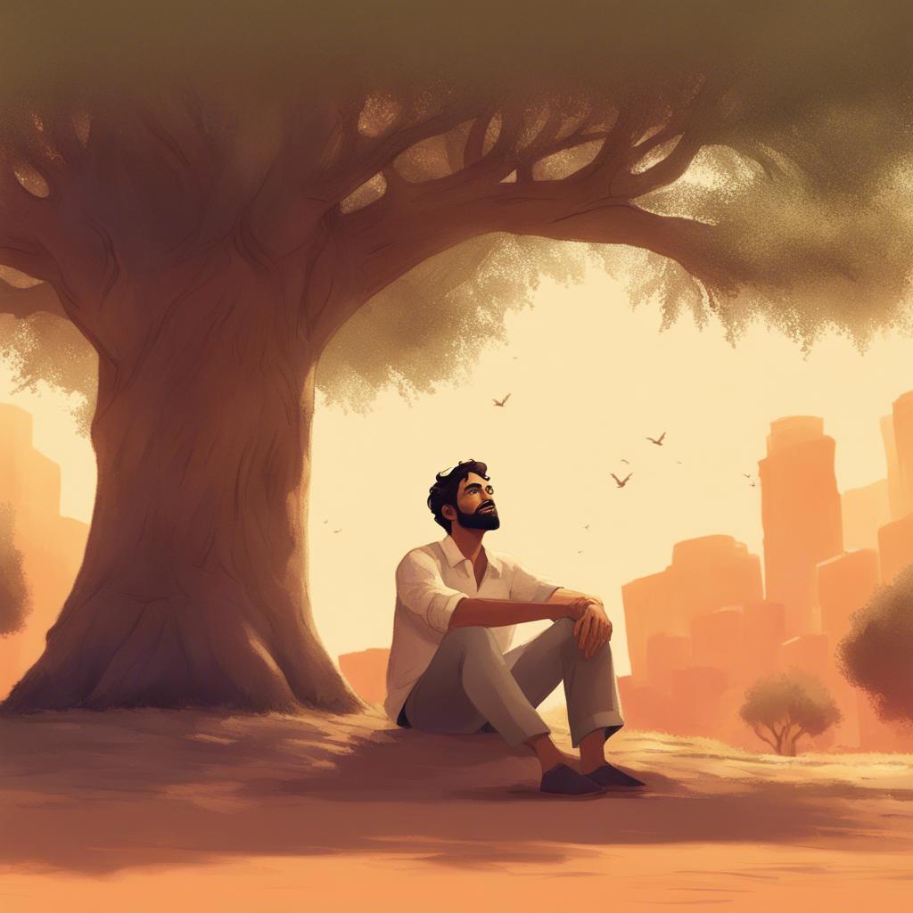 A kind man, an Arab man in his 30s, wearing a simple shirt and trousers, sitting under a large tree with his hands raised to the sky, expressing his hopes, digital artwork, warm colors, serene atmosphere, high quality