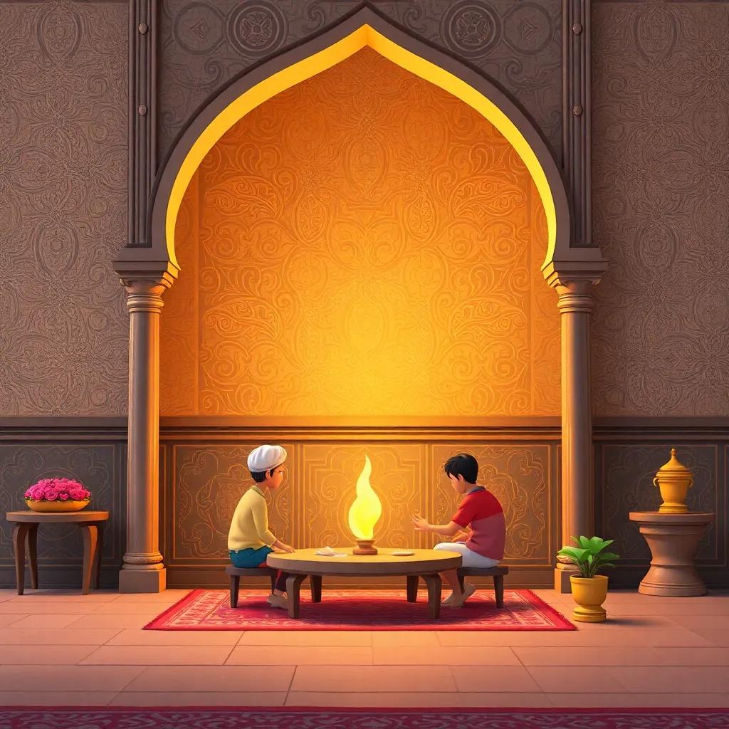 علي يساعد جاره المسن، يحمل الكيس ويحمل الضحكة، خلفية منزل دافئ، لحظة مساعدة، شعور بالتواصل، جودة عالية