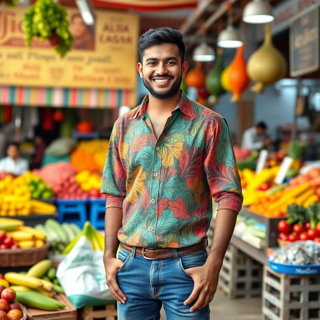 A determined man named Ali with a bright smile, wearing a colorful shirt and jeans, standing in front of his fruit and vegetable stall in a lively market, digital art, cheerful colors, inviting atmosphere, high quality