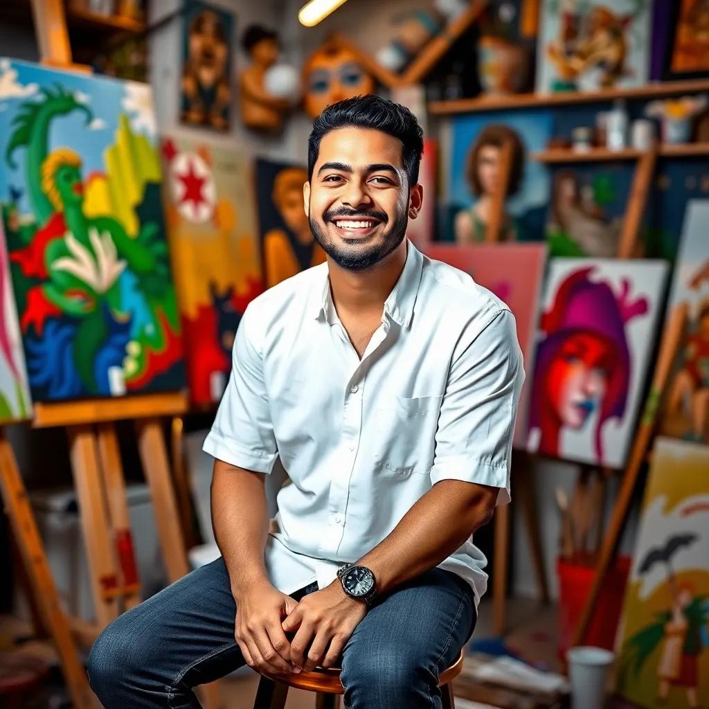 A young Arab man, Sami, with short black hair, wearing a simple white shirt, sitting on a stool in his colorful art studio, surrounded by canvases and painting supplies, holding a paintbrush with his mouth, joyful expression, vibrant colors, studio lighting, cheerful atmosphere, high quality