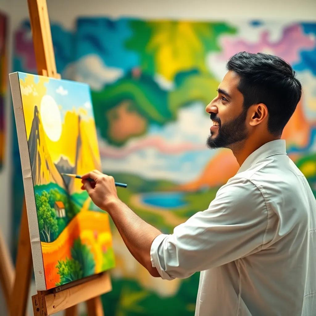 Sami, a young Arab man, with short black hair, wearing a simple white shirt, painting a beautiful landscape canvas with bright colors, focused and happy, colorful art studio background, inspirational light, child-friendly, high detail