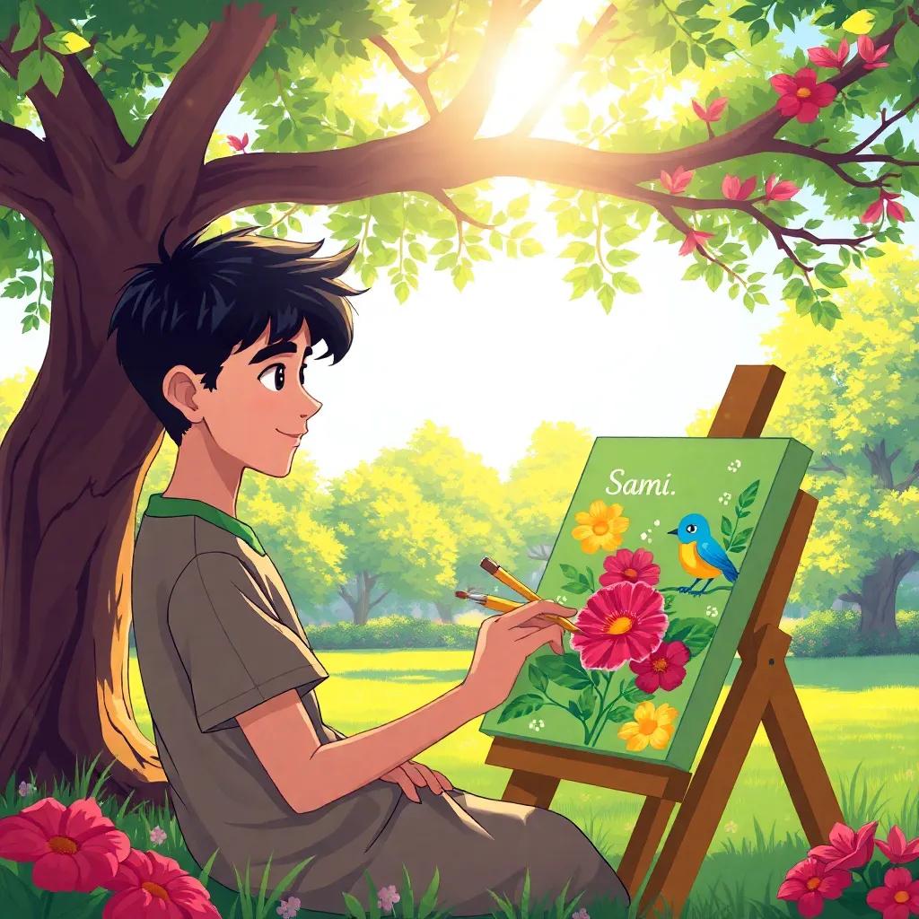 A young Arab boy, Sami, with short black hair and a colorful t-shirt, sitting under a tree in a beautiful park, painting a colorful canvas with flowers and a small bird smiling at him, sunlight filtering through the leaves, vibrant scene, lively colors, storytelling view, fantasy