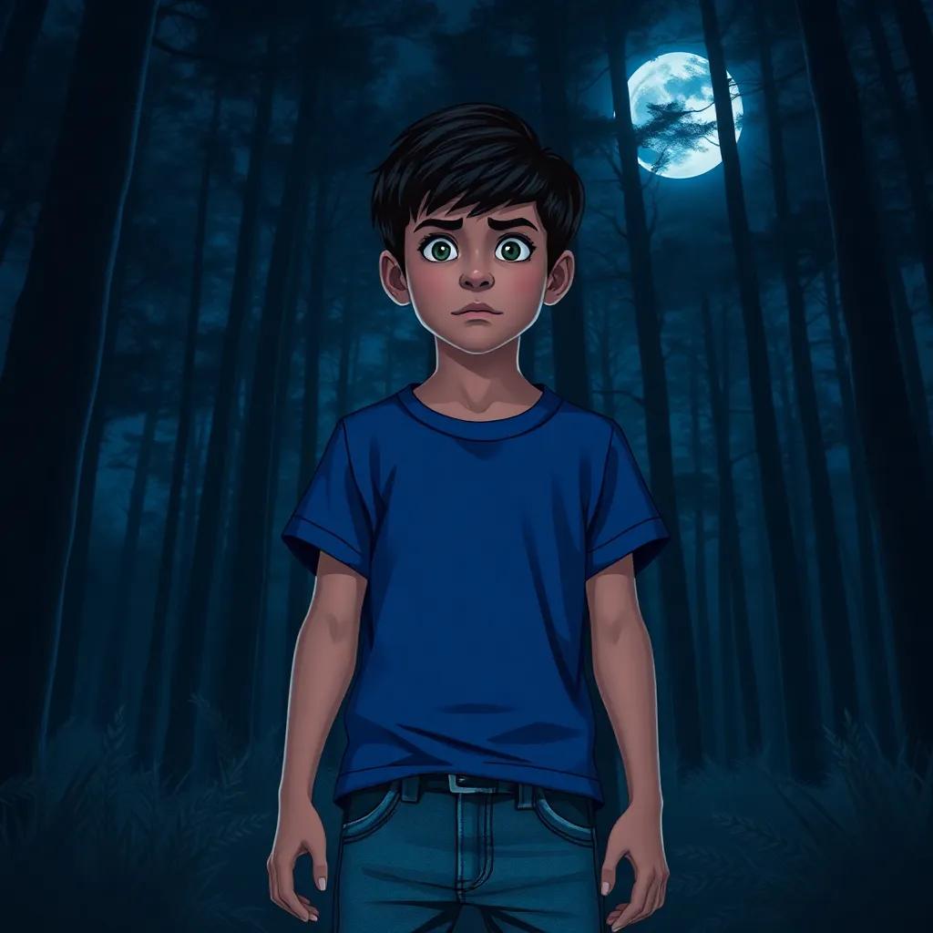 A young Arab boy, Sami, with short, dark hair, wearing a blue T-shirt and jeans, standing in a dark forest with tall trees, a frightened expression on his face, eerie atmosphere, moonlight glimmering through branches, digital art, spooky, adventurous, high quality