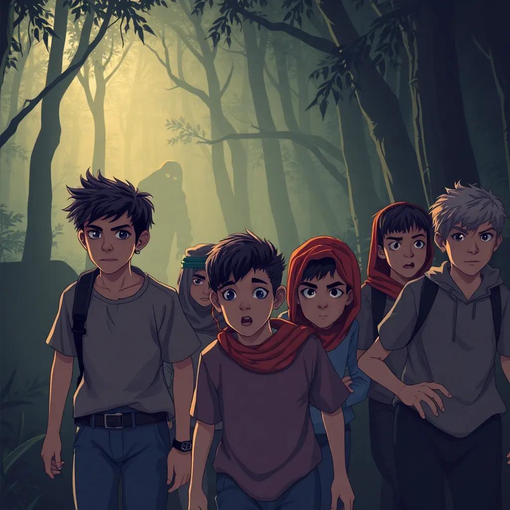 A group of young Arab boys with various hairstyles, in casual clothes, walking cautiously through a dark and dense forest, shadows lurking in the background, frightened expressions, mystery and adventure, gripping atmosphere, digital illustration, suspenseful, high quality