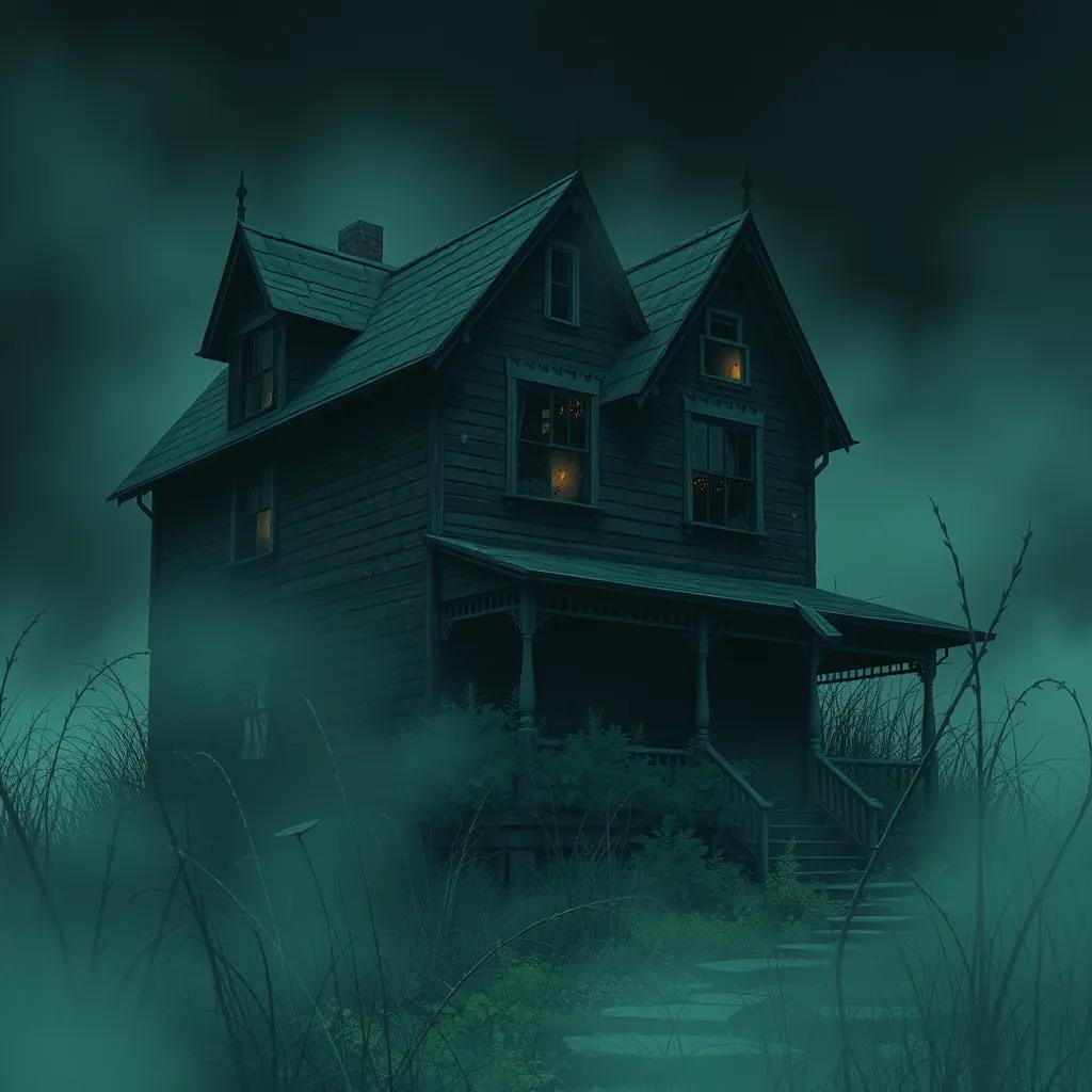 A spooky old abandoned house with broken windows and overgrown weeds, surrounded by a foggy atmosphere, digital art, dark and eerie colors, ghostly essence