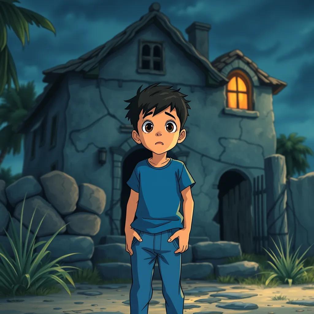 Ali, an Arab boy, around 8 years old, wearing a blue t-shirt and jeans, looking scared as he stands in front of the old house, suspenseful mood, detailed