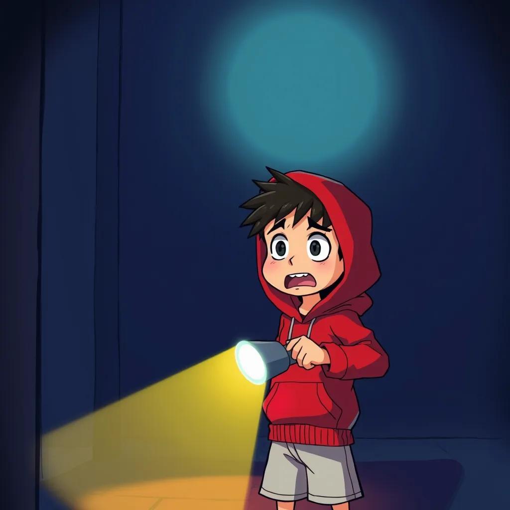 Sami, an Arab boy, about 8 years old, wearing a red hoodie and shorts, holding a flashlight with a terrified expression in a dark room, illustration, shadowy light