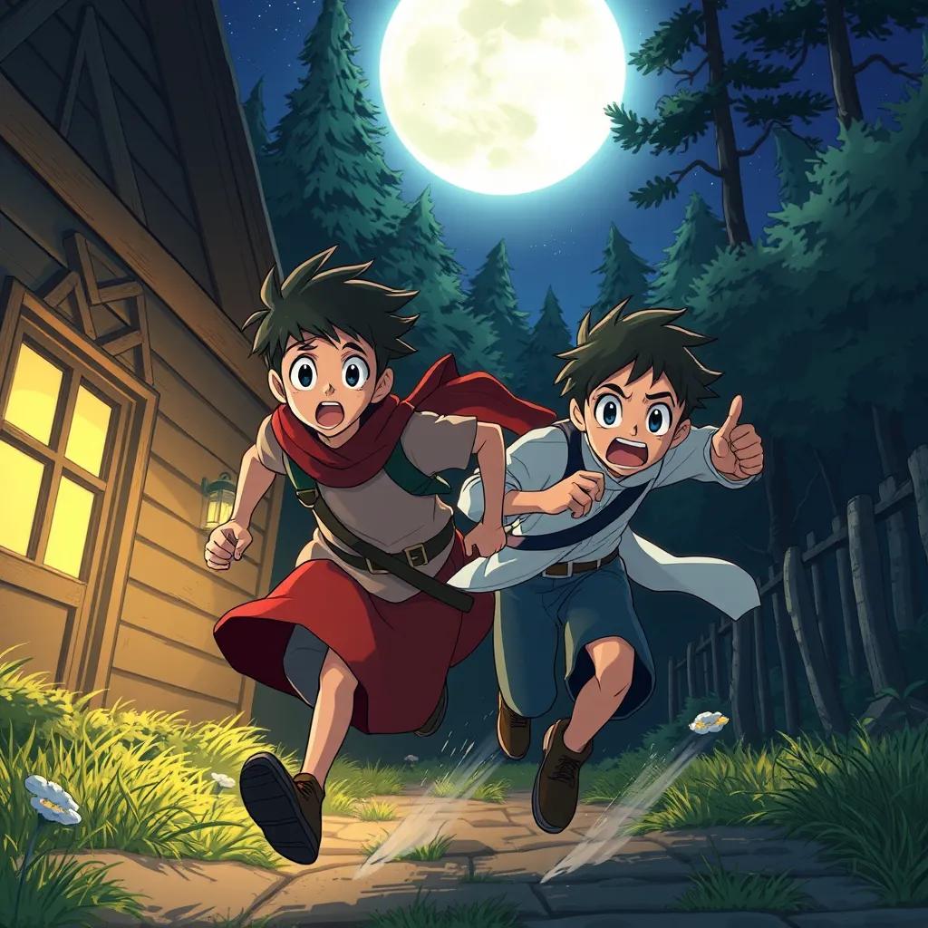Ali and Sami running out of the house together, fear on their faces, illuminated by moonlight, forest background, digital art, high detail, thrilling motion