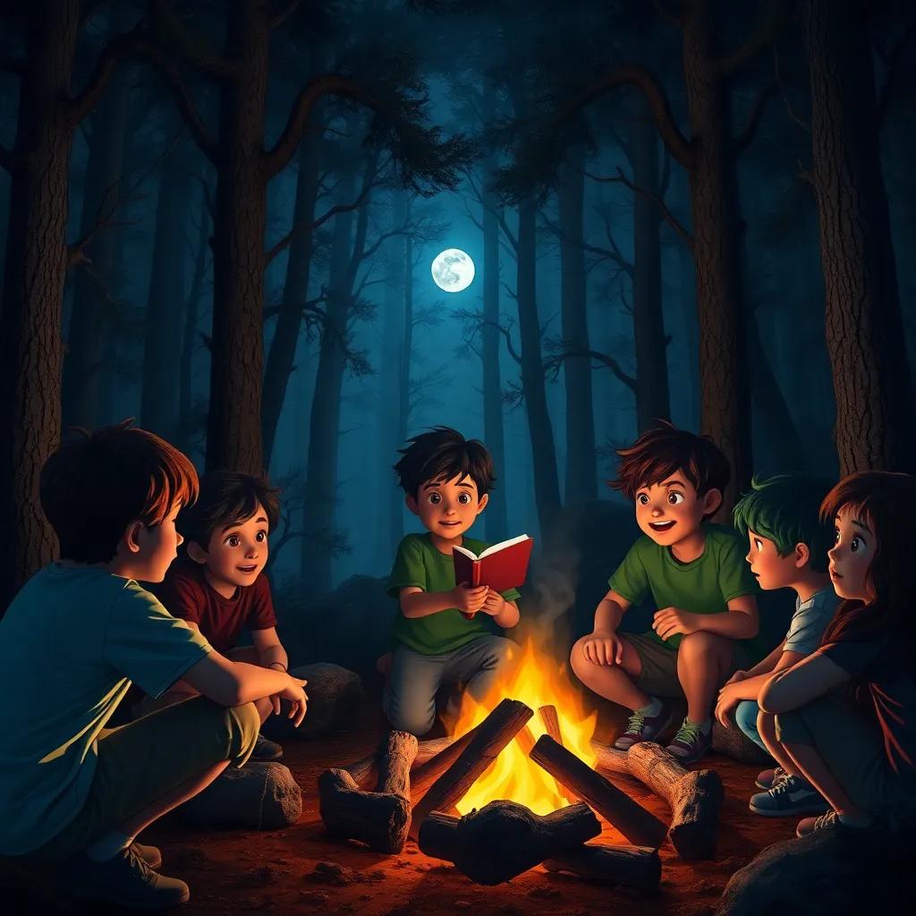 A dark forest at night with a campfire surrounded by children, one boy named Sami with short black hair wearing a green t-shirt, telling a scary story, others listening intently, moonlight peeking through the trees, digital art, cozy yet mysterious atmosphere, high quality