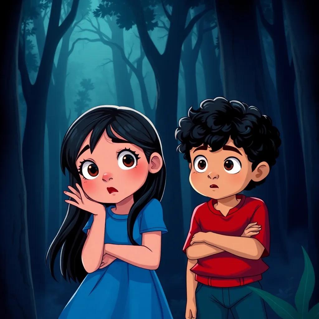 Children in the dark forest with wide eyes, a girl named Leila with long black hair wearing a blue dress, whispering fearfully, a boy named Hassan with curly black hair in a red shirt, looking around nervously, shadows looming from the trees, illustration, suspenseful mood, vibrant colors, high quality