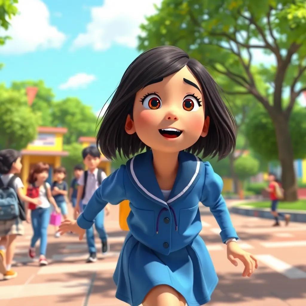 A young girl, Anwar, with medium-length straight hair wearing a blue school uniform, running towards her friend who is being bullied, in a colorful schoolyard filled with friends and trees, bright day, cheerful atmosphere, high quality