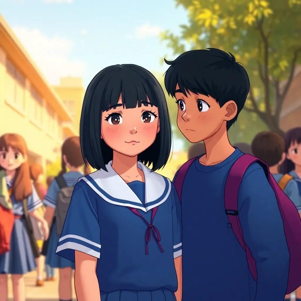 Anwar, a young girl with medium-length straight hair in a blue school uniform, standing with a former bully who looks regretful, in the schoolyard, surrounded by other students, warm sunlight, healing moment, high quality