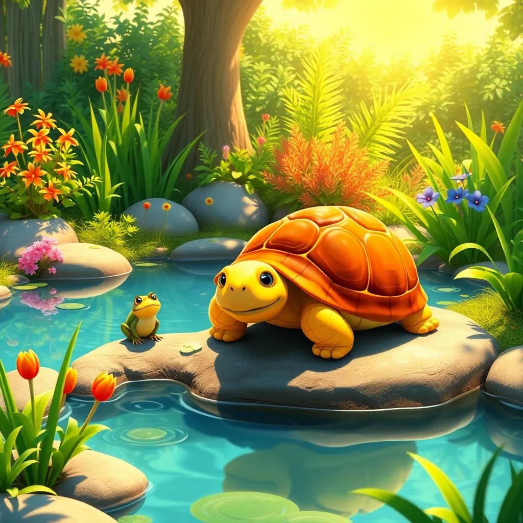 A sunny day by a small pond, showing a tortoise named Suad with a brown shell, sitting on a rock, looking curiously at a happy frog, vibrant plants around, peaceful atmosphere, digital art, warm colors, cheerful scene, high quality
