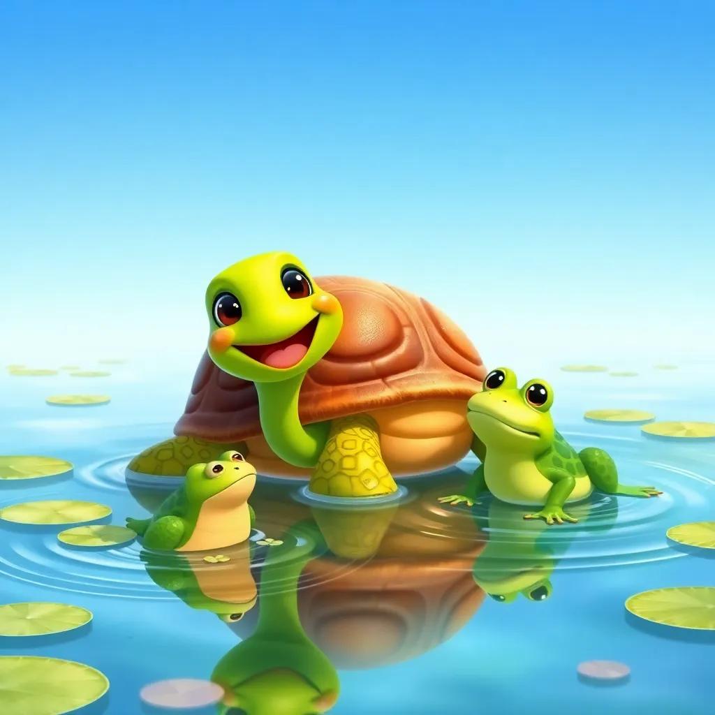 A joyful tortoise named Suad with a brown shell, swimming in a clear pond alongside a green frog, reflections in the water, blue sky above, vibrant nature, illustration, lively colors, engaging scene, child-friendly