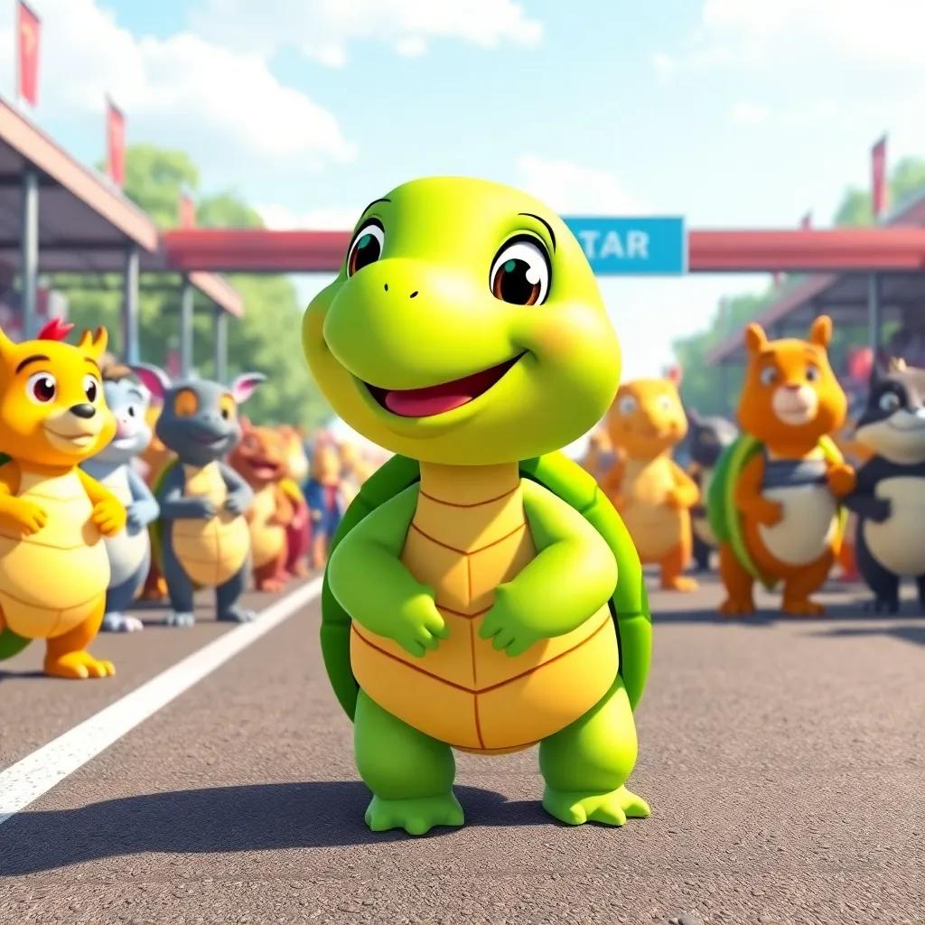A cheerful turtle named Sarah with a bright green shell, smiling, standing at the starting line of a race with a group of animal friends, sunny day, illustration, colorful, fun atmosphere, high quality