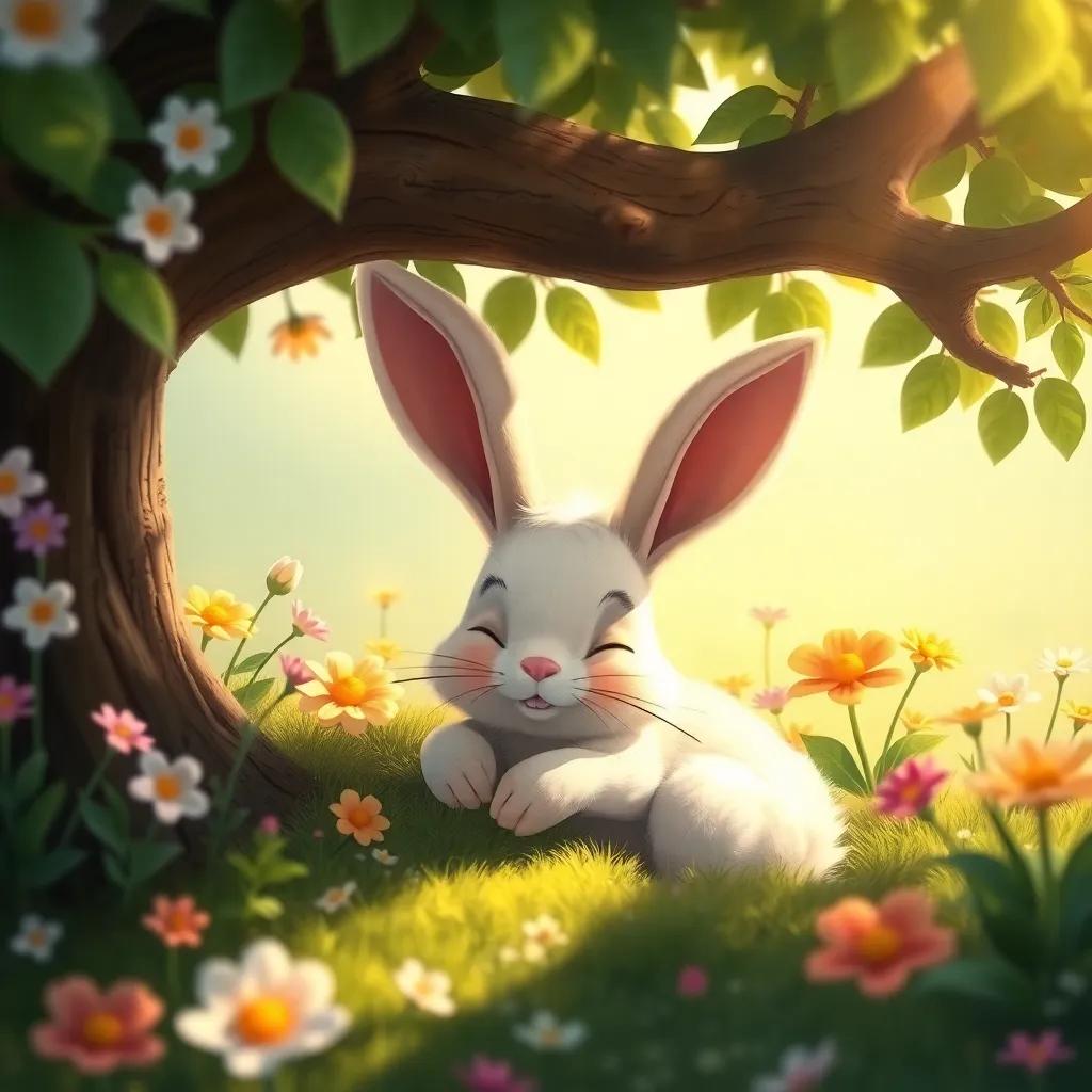 A speedy rabbit named Majid with fluffy ears, taking a nap under a tree, surrounded by flowers, peaceful scene, bright colors, warm light, storytelling view, child-friendly