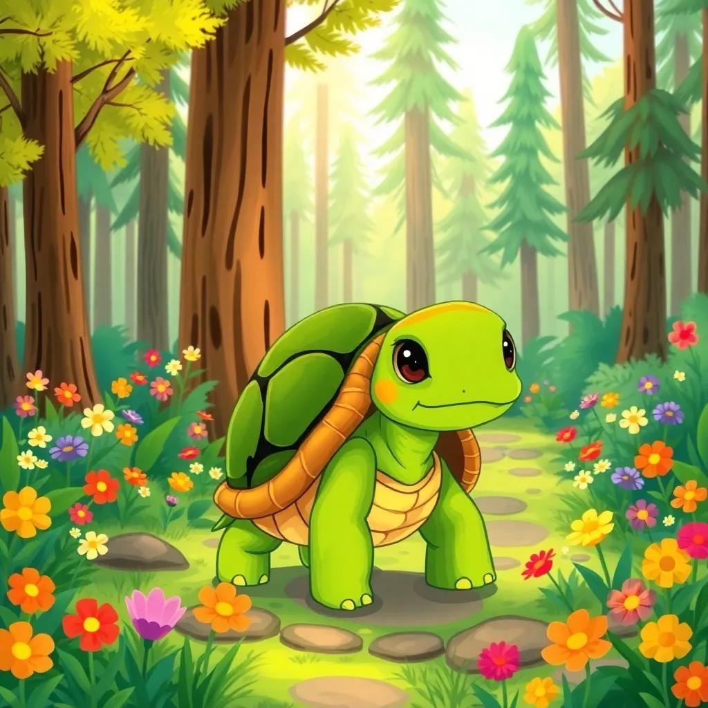 A wise turtle named Tina, with green skin and a shell, walking slowly in a beautiful forest, surrounded by colorful flowers and tall trees, digital art, vibrant colors, cheerful atmosphere, high quality