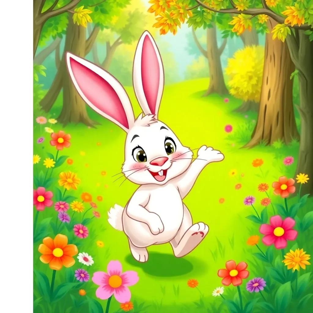 A happy rabbit with big ears, bright fur, and a cheerful smile, hopping in a vibrant green forest surrounded by colorful flowers and trees, digital art, lively colors, joyful atmosphere, high quality