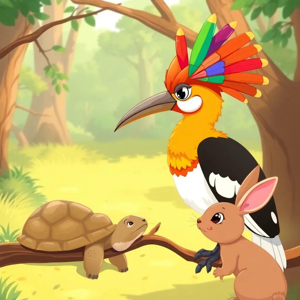 A wise hoopoe bird with a colorful crown on its head, perched on a branch, looking at the turtle and rabbit, with a thoughtful expression in a sunny forest setting, digital illustration, warm colors, friendly scene, high quality