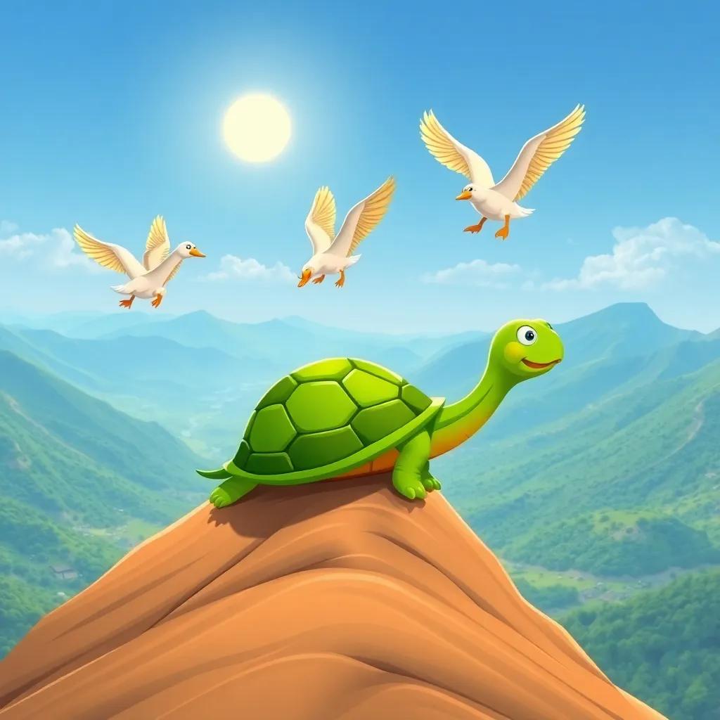 A turtle climbing a mountain slowly with two beautiful ducks flying around it, the sun shining bright, a scenic view of the valley below, cartoonish style, cheerful colors, engaging scene, high quality