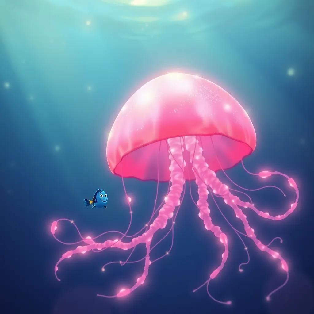 A large pink jellyfish floating in the ocean, with luminous tentacles drifting, while Lulu, the blue fish, swims cautiously around it, illustration, magical, warm light, captivating scene