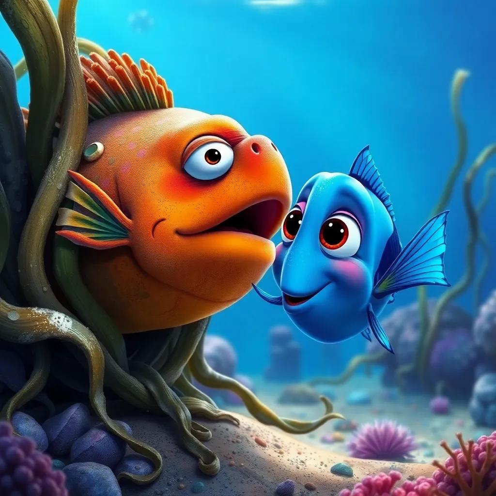Lulu, the blue fish, guiding a big fish stuck in muddy seaweed, with determination in her eyes, colorful underwater landscape, detailed artwork, uplifting mood, bright colors