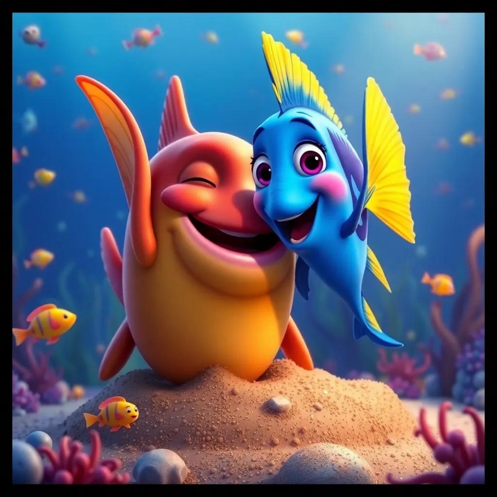 A proud Lulu, the blue fish, celebrating with her big fish friend after freeing her from mud, surrounded by colorful fish and sea plants, joyful atmosphere, vivid colors, heartwarming