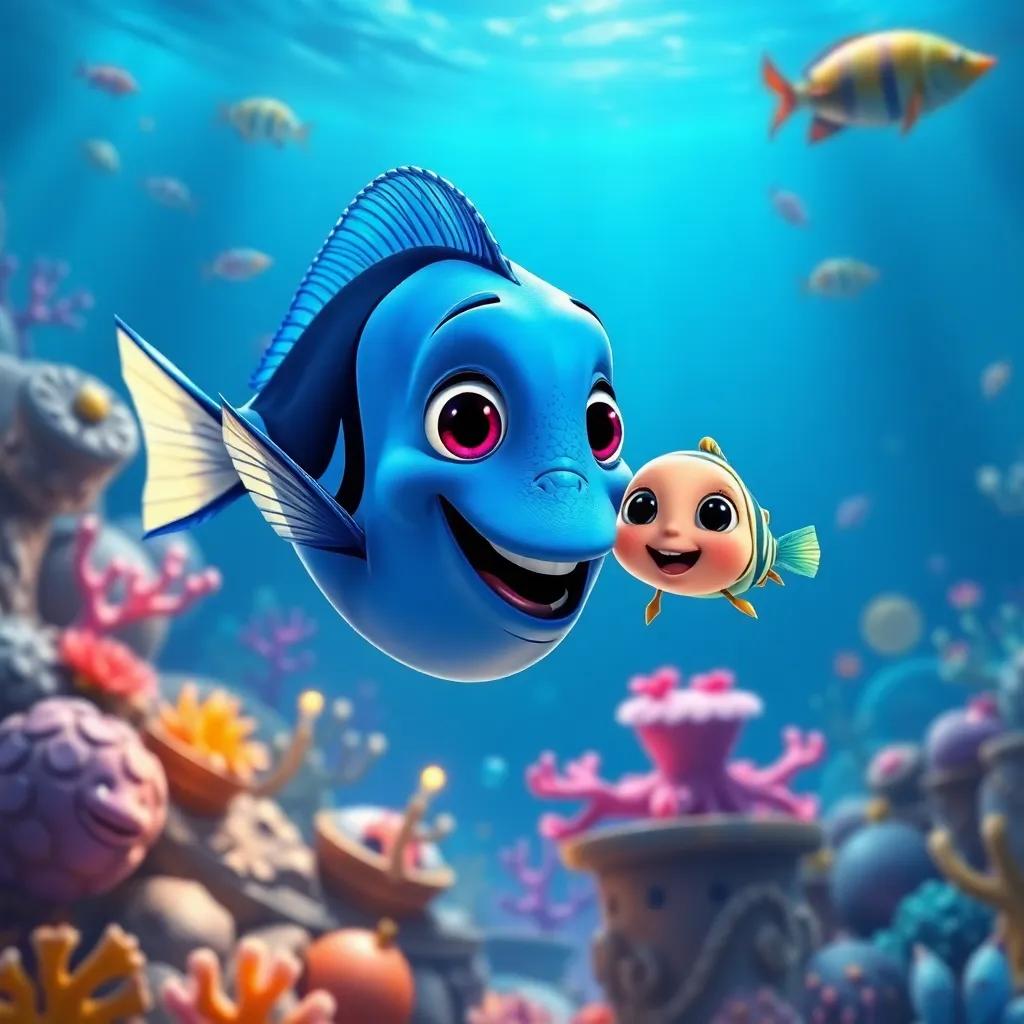 Lulu, the blue fish, swimming with a new friend in deep ocean, exploring bright underwater world, full of treasures and colorful creatures, lively and inviting scene, dynamic composition