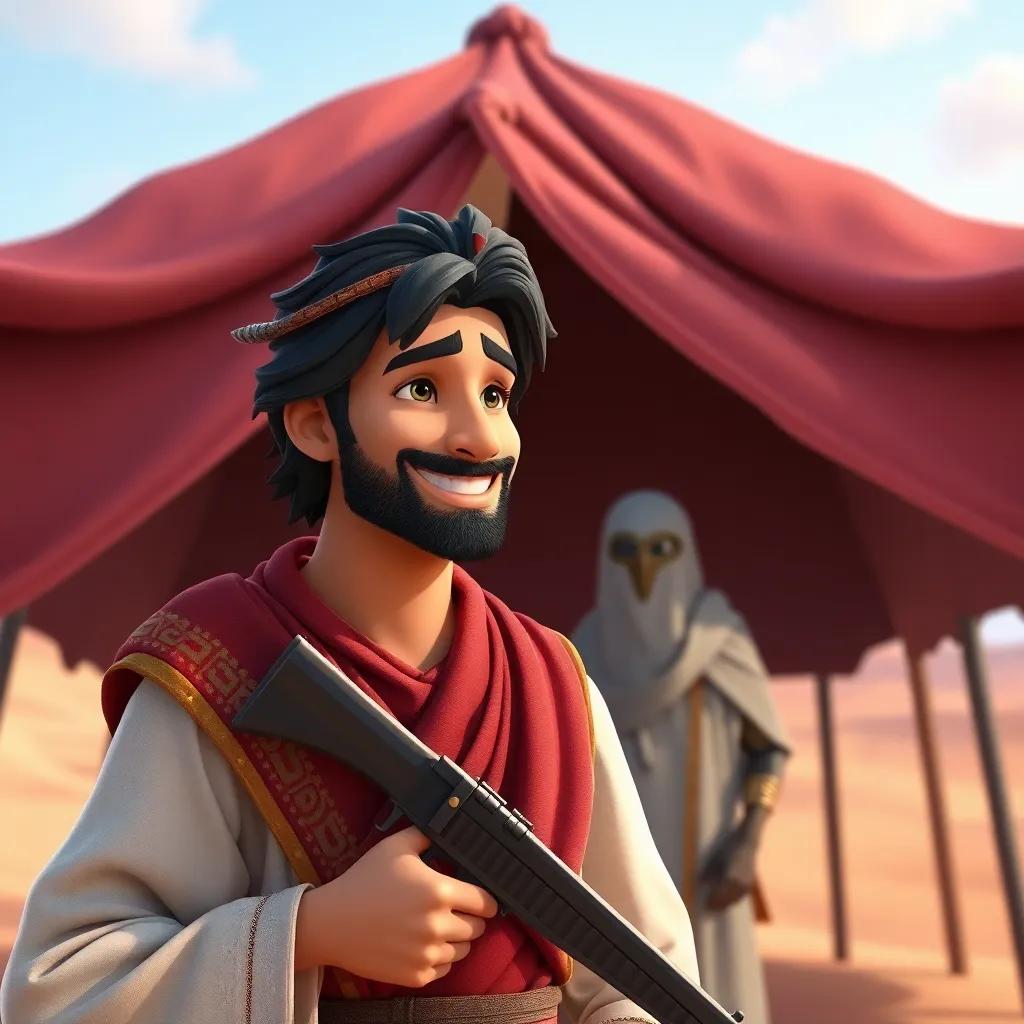 A brave man, Al-Samawal, with dark hair and traditional Arab attire, welcoming an armed enemy into his tent, with a warm and inviting expression, desert background, digital art, vibrant colors, friendly atmosphere, high quality