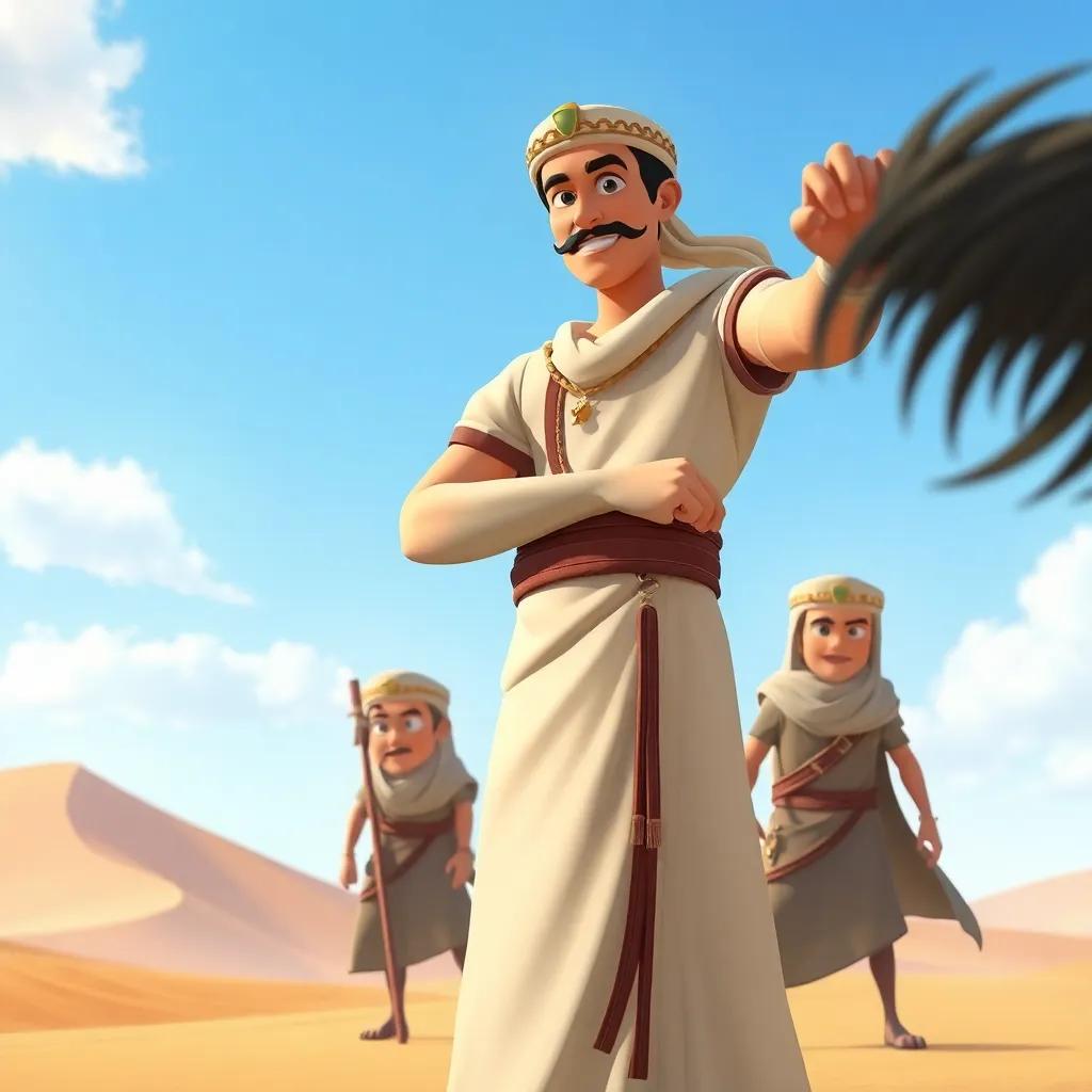 Al-Samawal, wearing traditional attire, standing tall with determination, protecting his friends from an approaching danger, with a clear sky and sand dunes in the background, illustration, expressive, adventurous scene, high quality