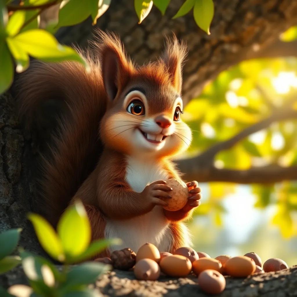 A clever squirrel named Zaki, with fluffy fur and bright eyes, gathering nuts in a big tree with a joyful expression, sunlight filtering through the leaves, colorful and inviting atmosphere, cheerful, digital art, high quality