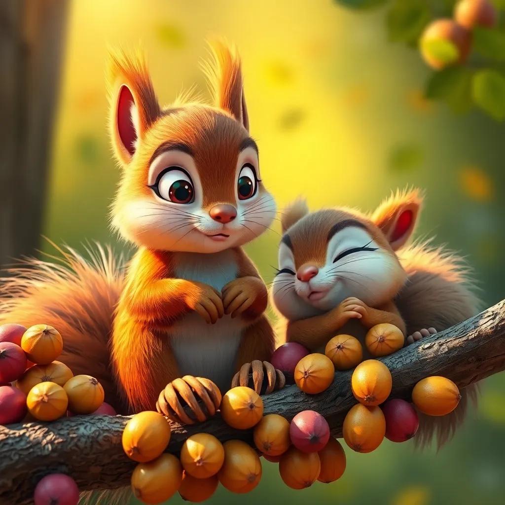 Zaki the clever squirrel, with fluffy fur and bright eyes, looking at his lazy brother Kسلان, who is sleeping on a branch, surrounded by colorful nuts, warm light, playful vibe, cartoon style, vibrant colors