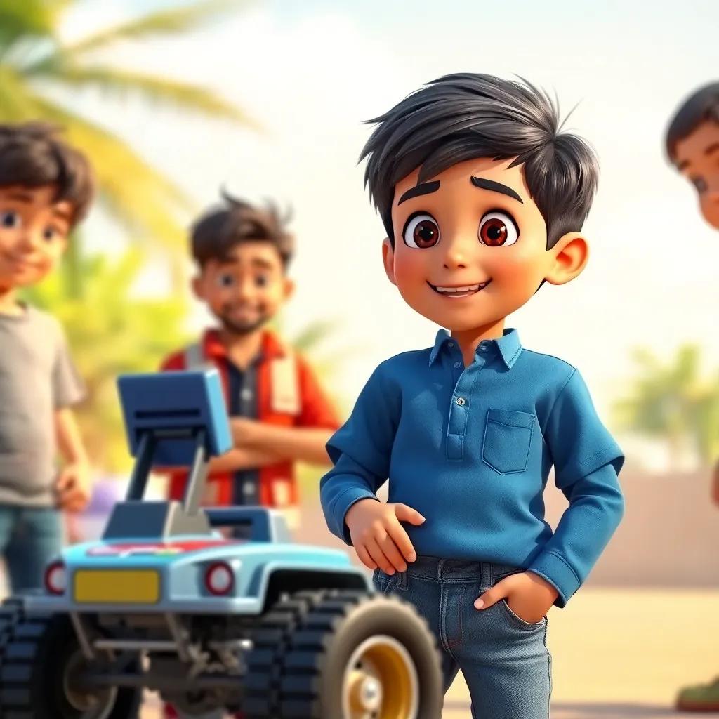 A young Arab boy, Kareem, with short black hair, wearing a blue shirt and jeans, standing in front of his friends, looking excited about making a toy car, sunny day, vibrant colors, cheerful atmosphere, digital art, high quality