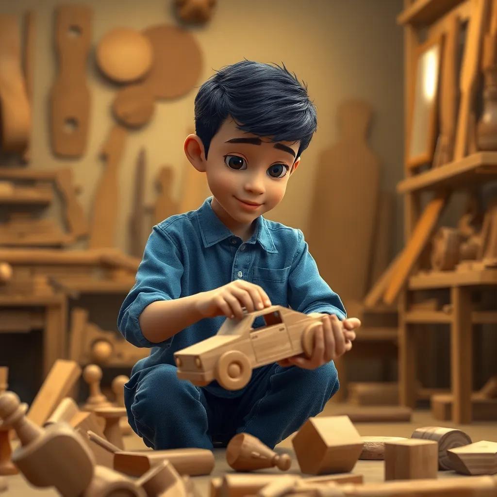 Kareem, a young Arab boy with short black hair, wearing a blue shirt and jeans, in his grandfather's workshop, surrounded by wooden pieces, carefully carving a small wooden car, warm light, focused expression, digital art, highly detailed